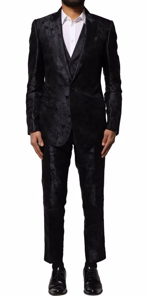 Dolce & Gabbana Dark Gray Black Jacquard 3 Piece Single Breasted Suit