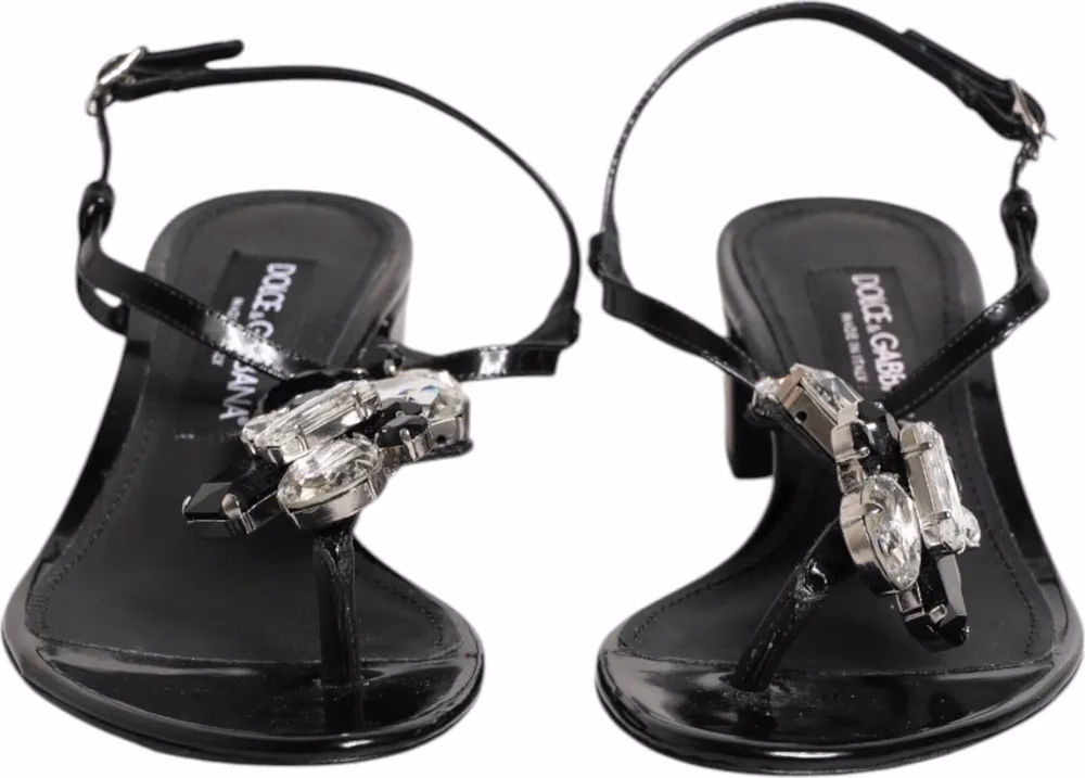 Dolce & Gabbana Black Leather Crystal Ankle Strap Sandals Shoes