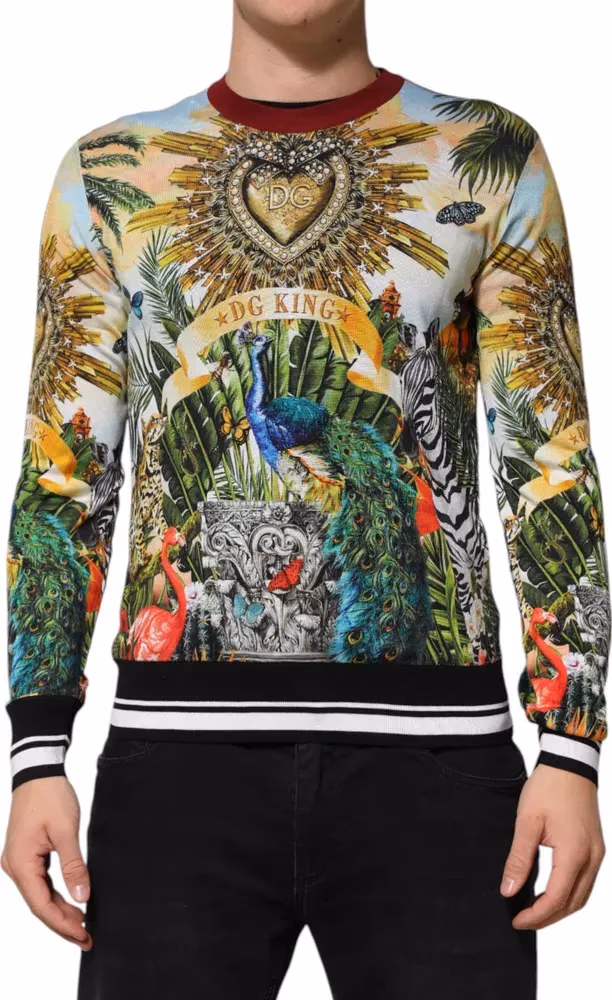 Dolce & Gabbana Tropical Heart Crown Silk Pullover Sweater