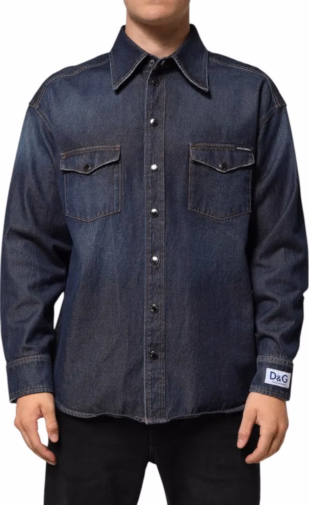 Dolce & Gabbana Blue Denim Button Casual Logo Patch Men Shirt