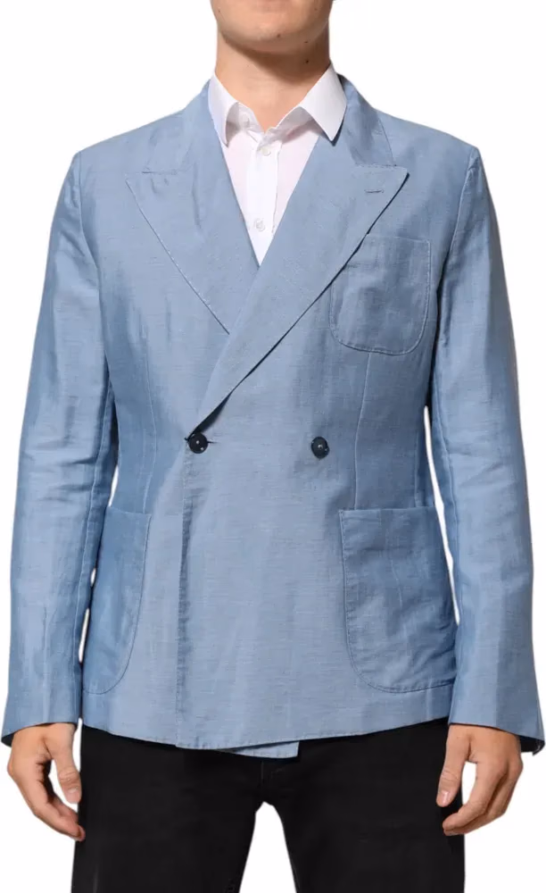 Dolce & Gabbana Light Blue Linen Double Breasted Men Jacket Blazer