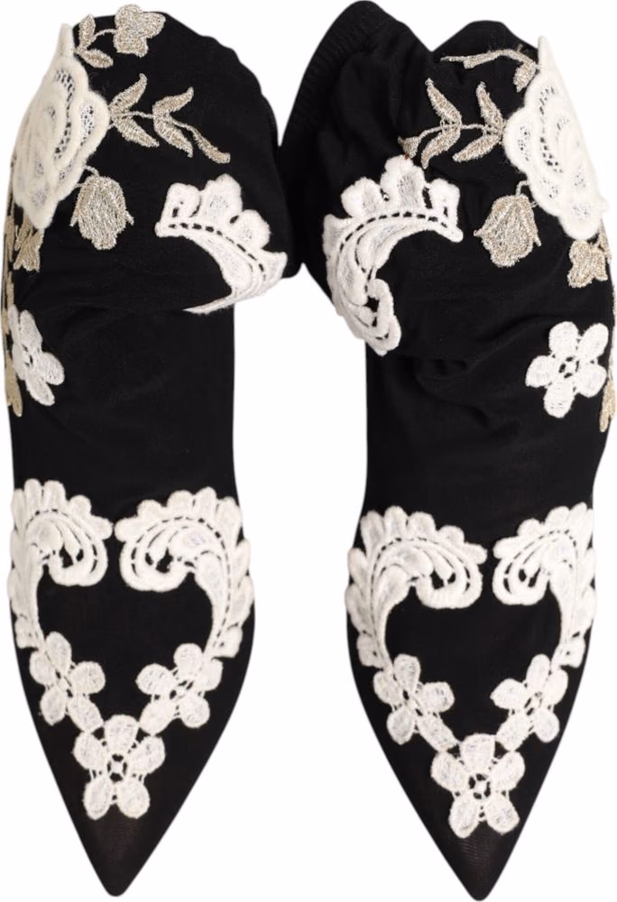 Dolce & Gabbana Black White Embroidered Jersey Stiletto Boots Shoes