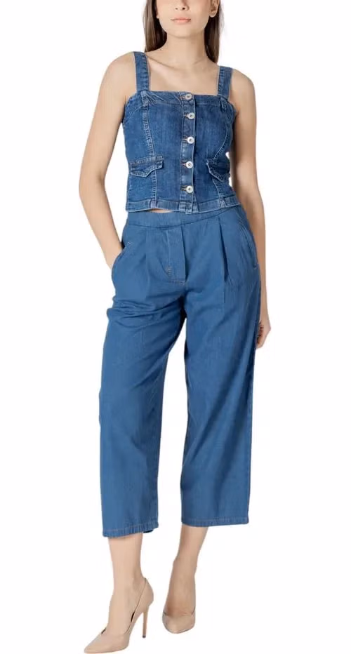ICHI Blue Cotton Cropped Jeans
