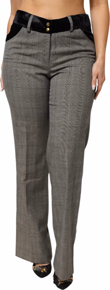 BENCIVENGA Gray Wool Blend Plaid Straight Leg Velvet Waist Pants