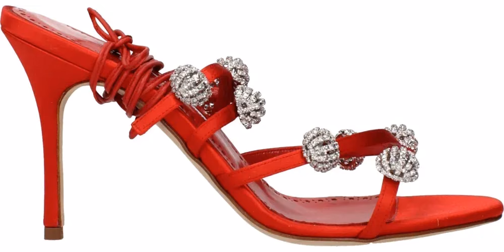 Manolo Blahnik Red Satin Stiletto Heel Sandals