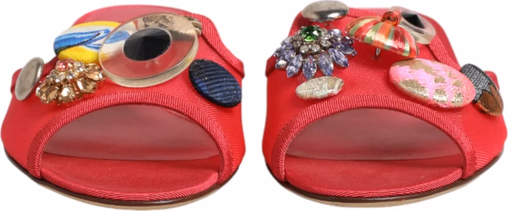 Dolce & Gabbana Red Embellished Flats Slip On Sandals Shoes