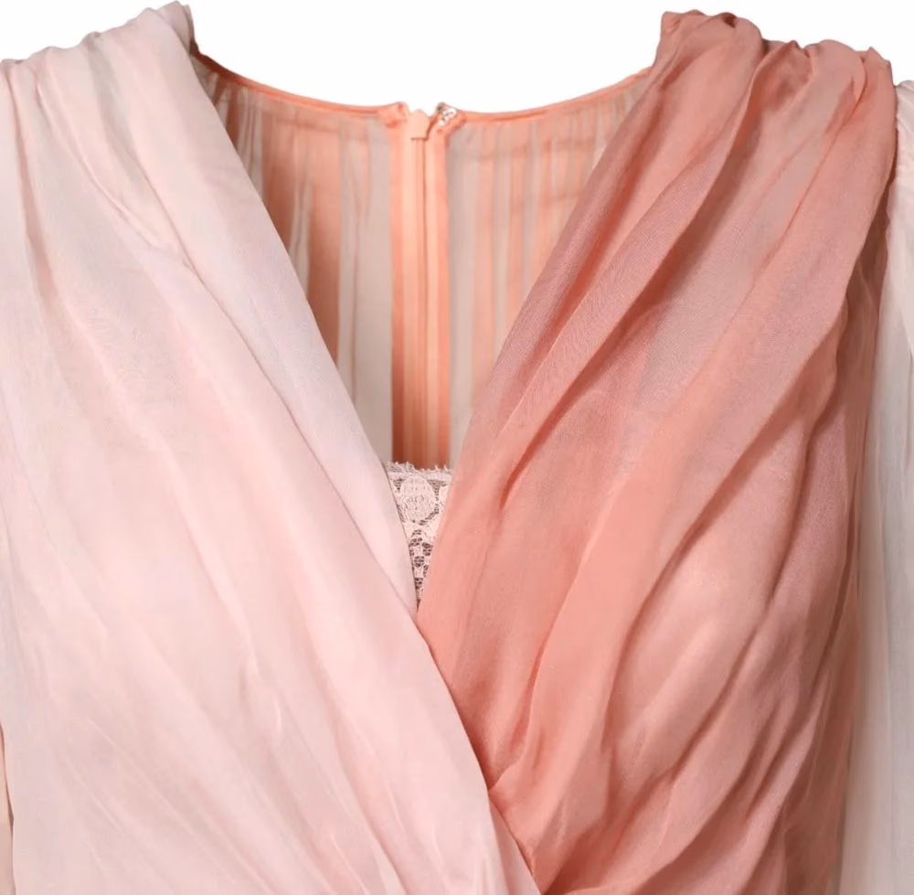 Dolce & Gabbana Pink Silk Tulle Long Sleeve V-neck Dress