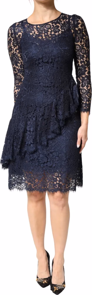 Dolce & Gabbana Blue Lace Ruffle A-line Knee Length Dress